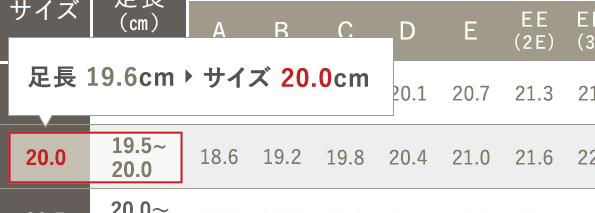 足長19.6cmは表のサイズ20.0cmに当てはまる